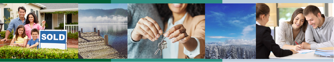 Banner - family with sold sign - dock - hands holding keys - snowy trees - signing paperwork