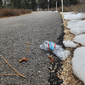 A flattered plastic water bottle on a trail.