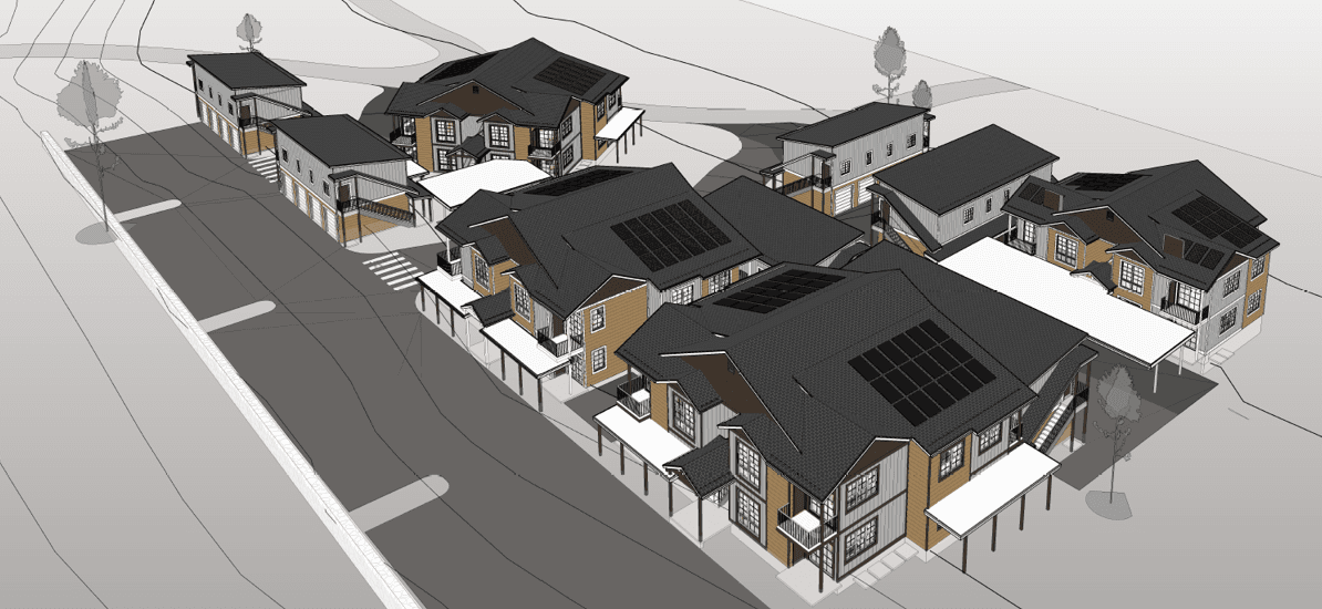 Rendering of housing development with multiple two-story buildings in a bunch.