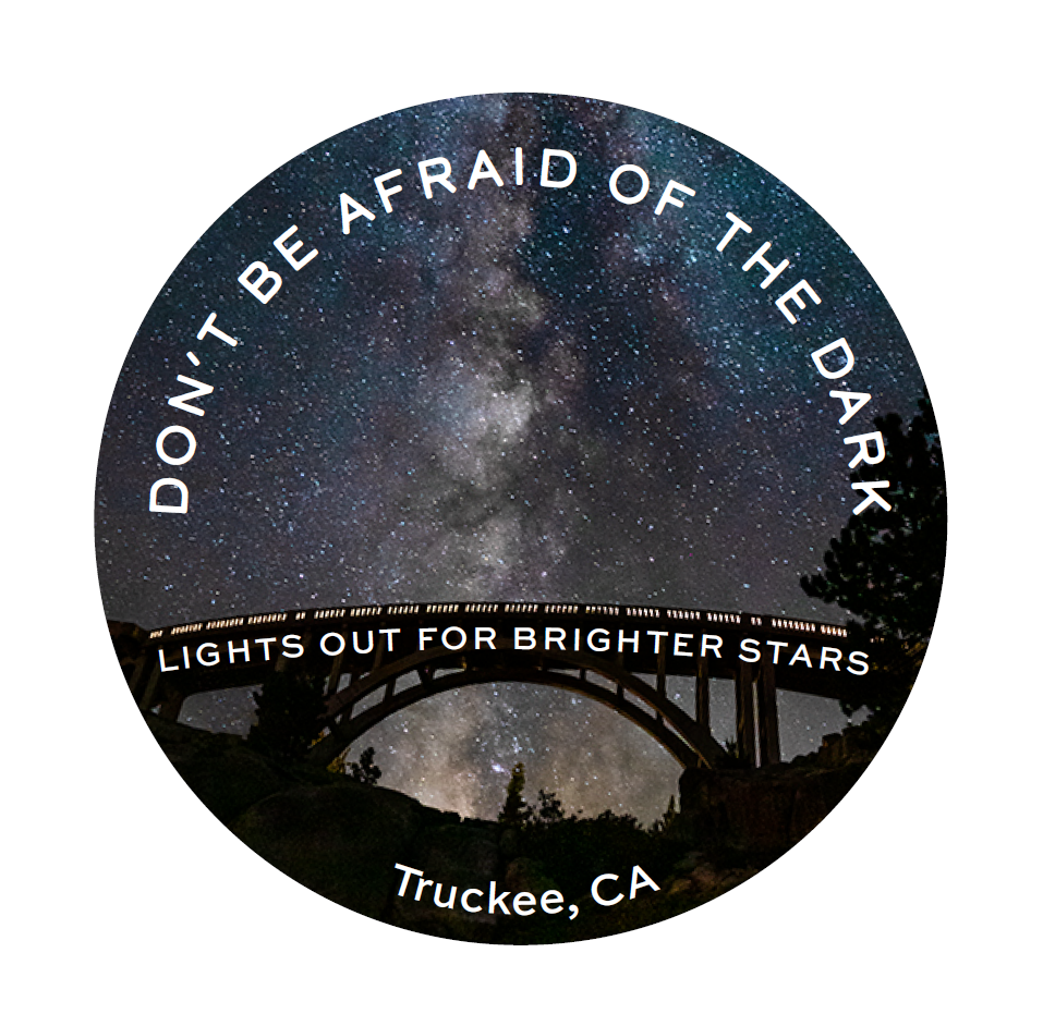 Starry night sky with a silhouette of a bridge that says, 