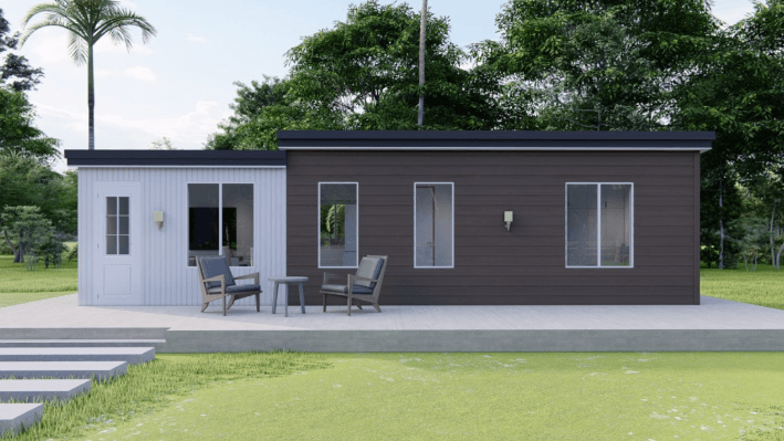 A brown and white house with a flat roof