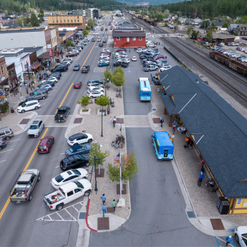 Downtown Truckee from birds eye view with cars and the railroad. 