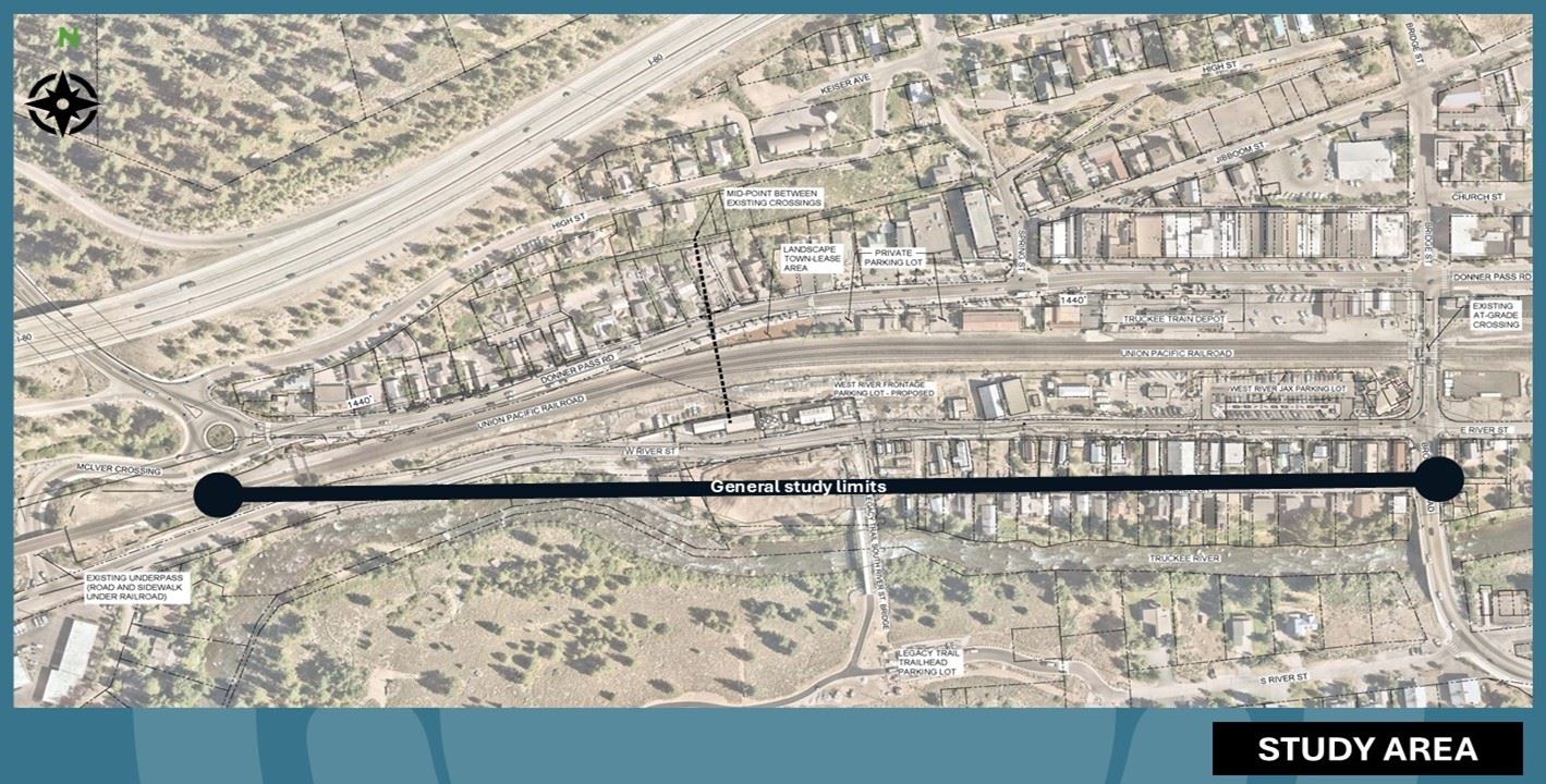 Map of Downtown Truckee with mid-point between existing crossings identified