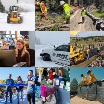 Collage of pictures showing different people doing different jobs-police car, plow, fieldwork