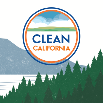 Clean California logo with an illustrated lake, trees and mountains in the background. 