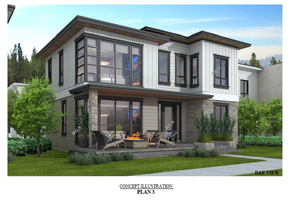 Rendering of a two-story building with large windows and fireplace lit on front deck. 