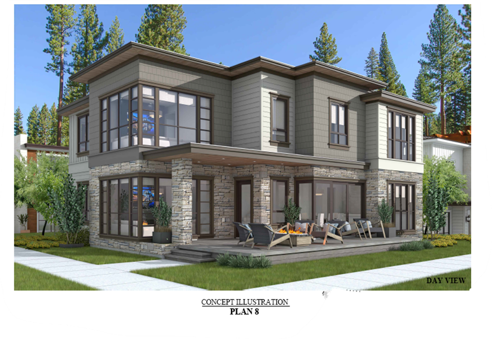 Rendering of a two-story building with large windows and fireplace lit on front deck. 