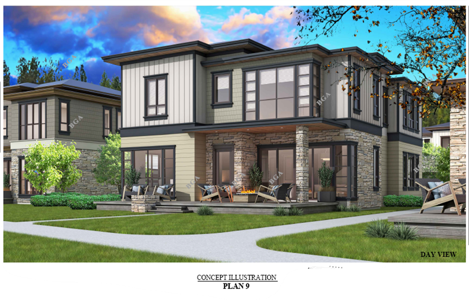 Rendering of a two-story building with large windows and fireplace lit on deck. 