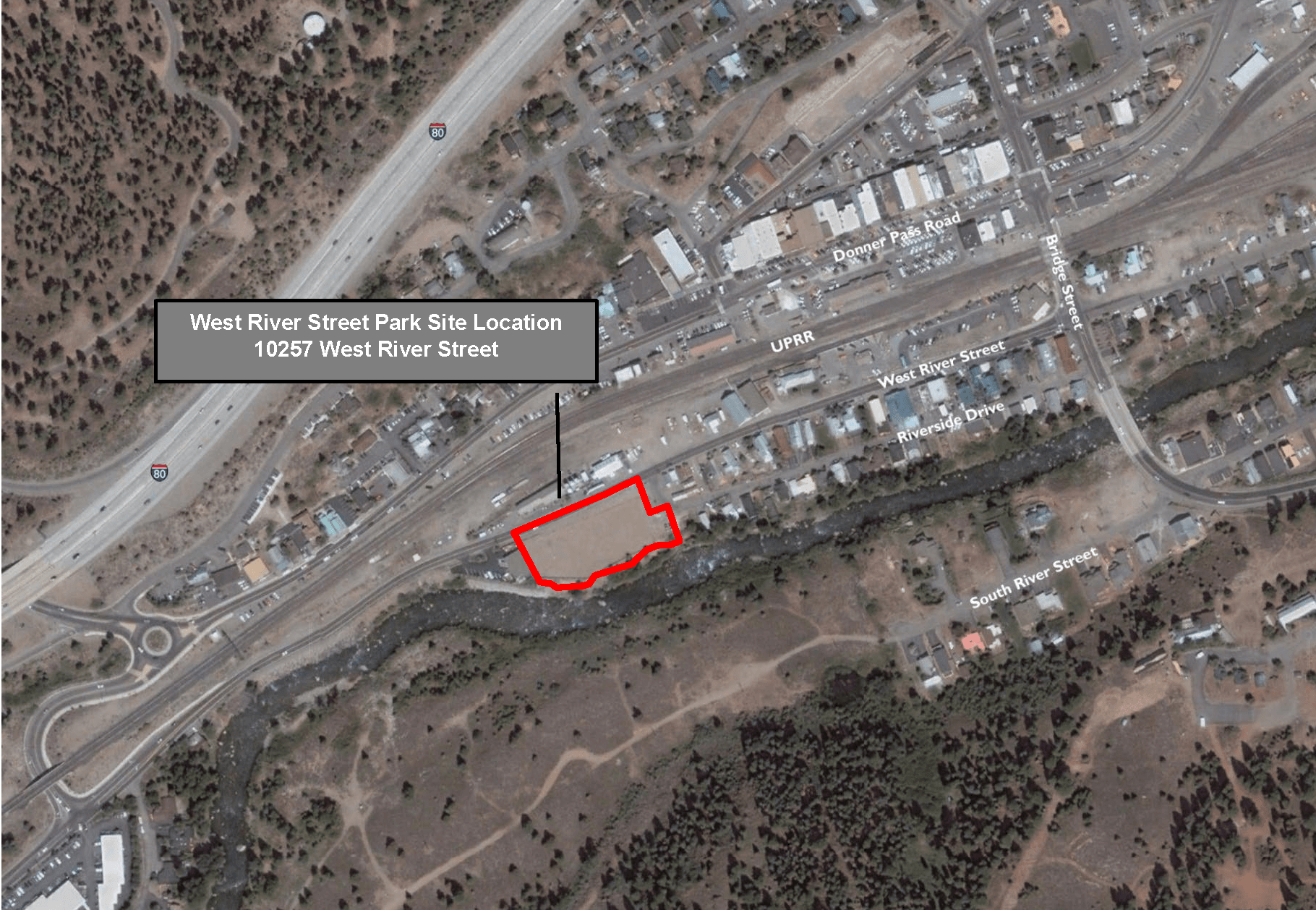 Birds-eye view of the West River Street Project location along the Truckee River